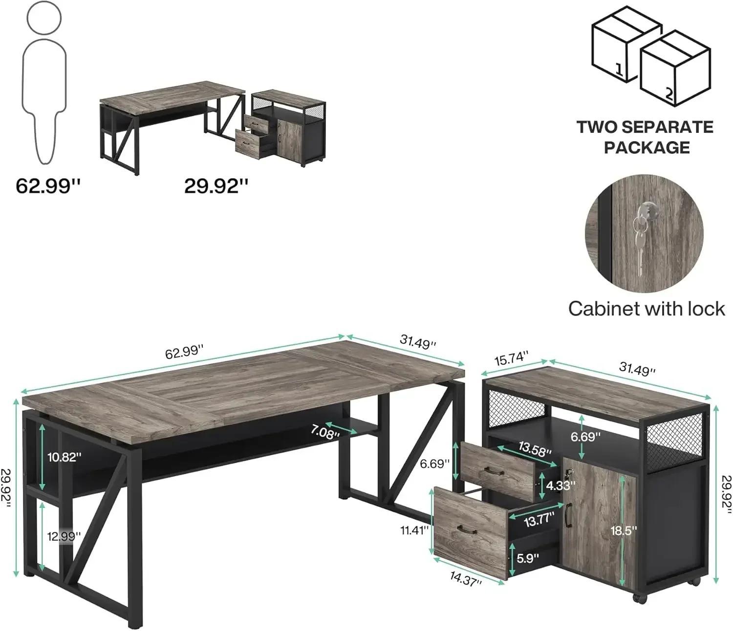 L Shaped Desk with Drawer Cabinet, 63