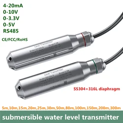 Hydrostatic water level sensor 4-20mA 0-3.3v Transmitter SS304 Water Level Sensor 0-10V RS485 5m 20m 50m 100m 300m cable Range