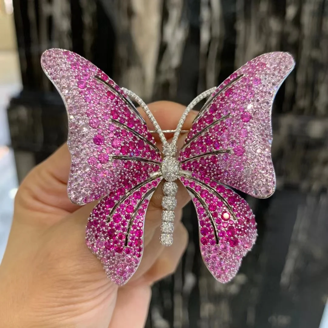 الحشرات الوردي اللون فراشة بروش 925 فضة مع مكعب الزركون غرامة النساء المجوهرات الفاخرة مجوهرات 63*61 مللي متر MIYI #1