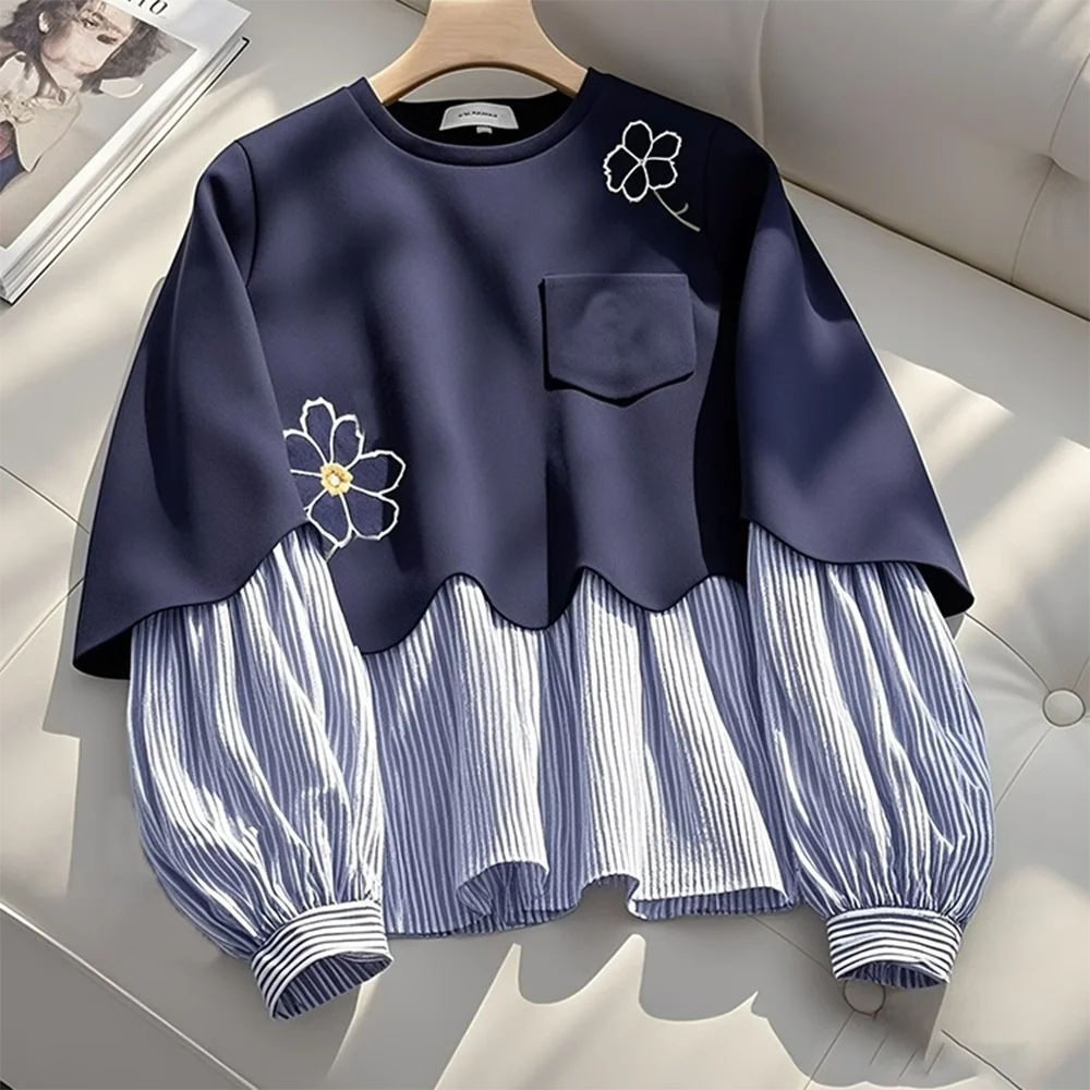 

2025 autumn new popular American loose lazy chic top navy blue fake two-piece crew neck sweater women