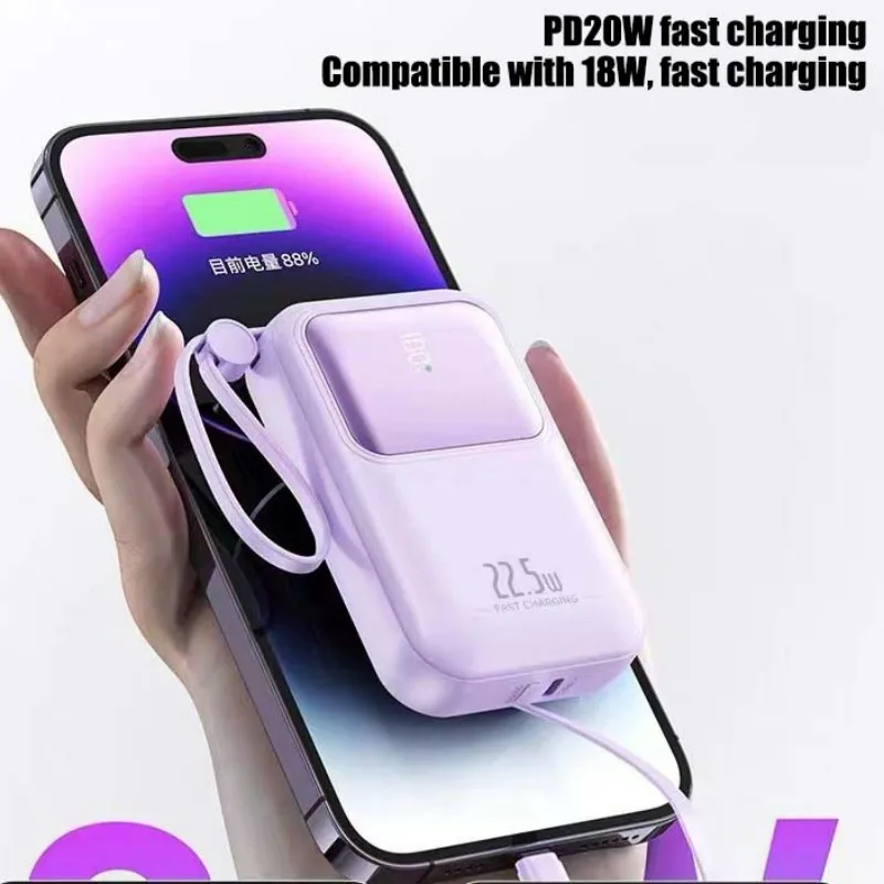 Mini Super Fast Charging PD20W+USB 22.5W Power Bank 10000mah with Built-in Cable Portable PowerBanks for IPhone HUAWEI Xiaomi