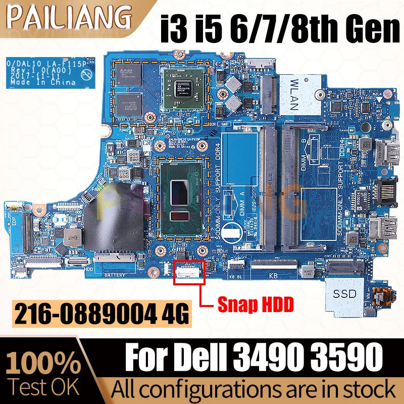 

For Dell 3490 3590 Notebook Mainboard Laptop LA-F115P i3 i5 6/7/8th Gen 216-0889004 4G 0F093X 0K6KNT Motherboard Full Tested