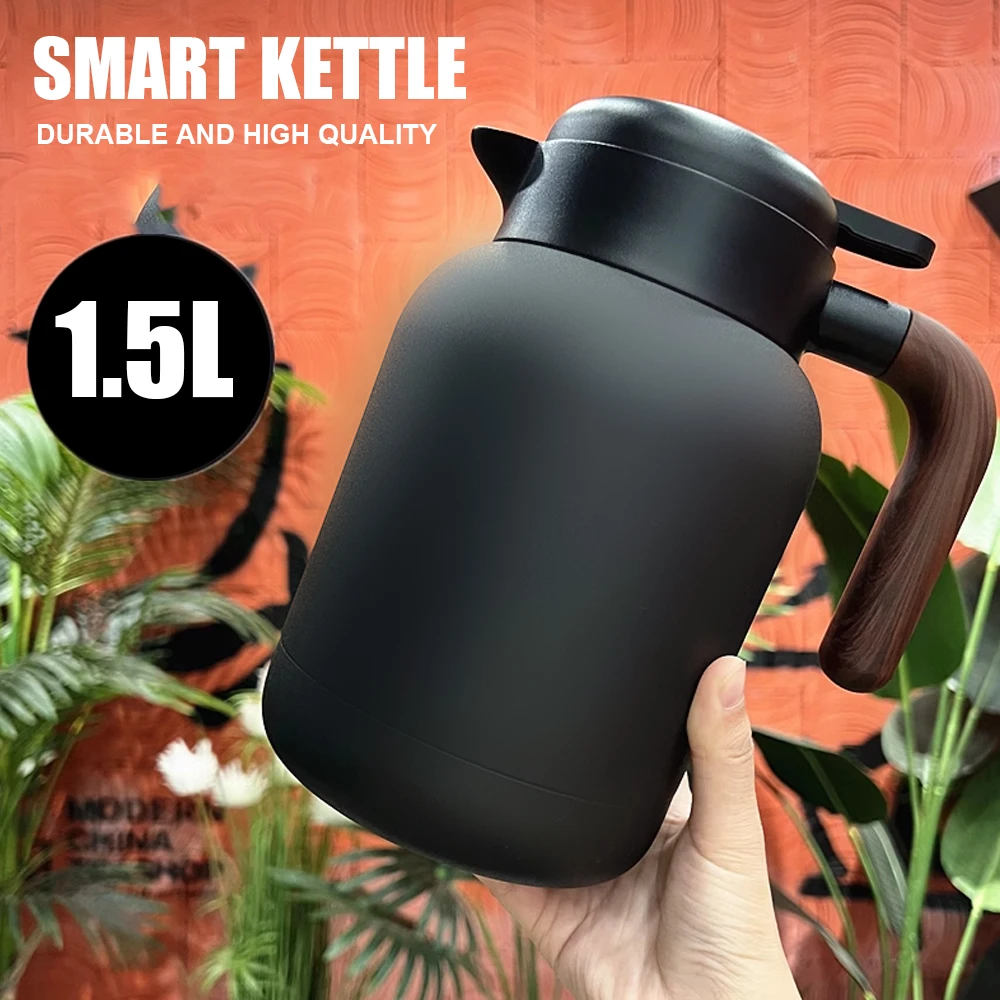 Pot isotherme de 1500 ml, thermos en acier inoxydable à double paroi avec affichage intelligent de la température, poignée ergonomique en bois pour la maison et l'extérieur