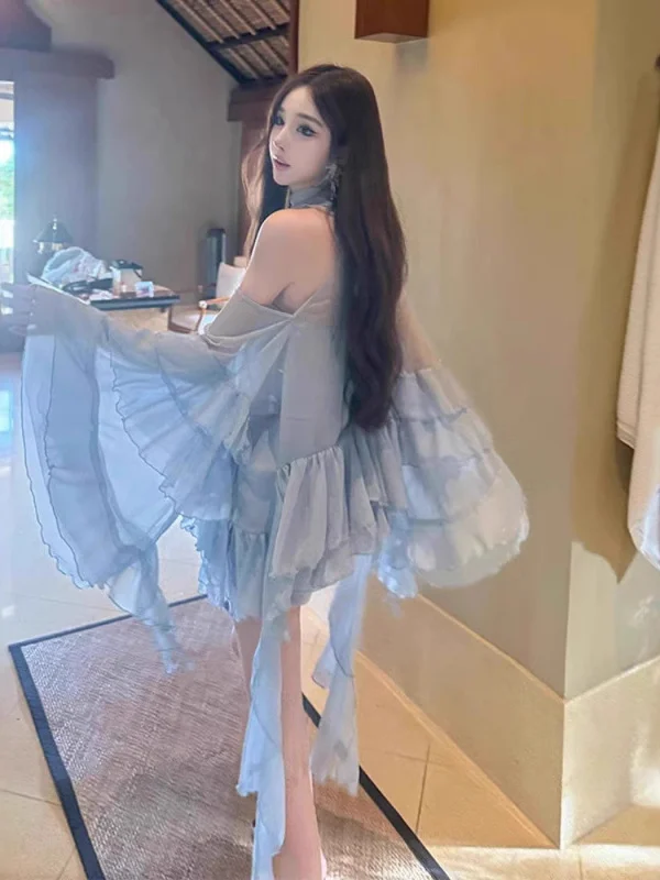 

oulder Bared Chiffon irt with Bustle Lace Trim Design Unique Asymmetrical Summer Sle Women's Loose Fit round Ne Top