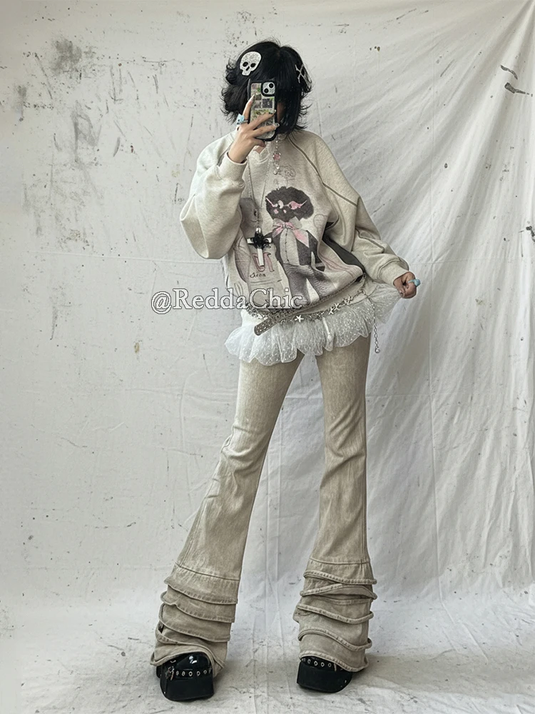 REDDACHiC Women Distressed Y2k Flared Jeans High Waist Ruffle Tiered Bootcut Tight Stretch Denim Pants Vintage Punk Streetwear