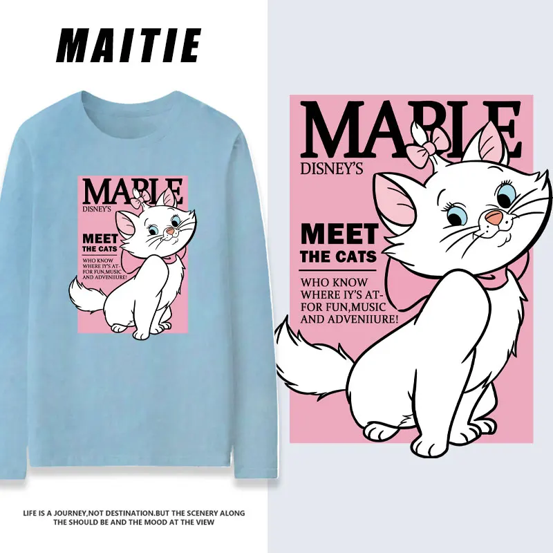 

Cartoon Cute Mary Cat Round Neck T-shirt Women's Long sleeved 2023 Autumn New Disney Surrounding Co branded Clothing Trend