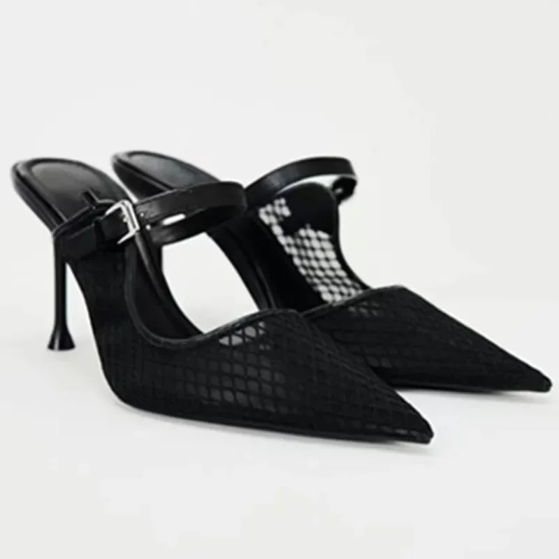 

Black Mesh High Heels Women's Sandals Sexy Pointed Toe Stilettos 2025 Summer Breathable Mules Shoes Laides Vintage Sandal