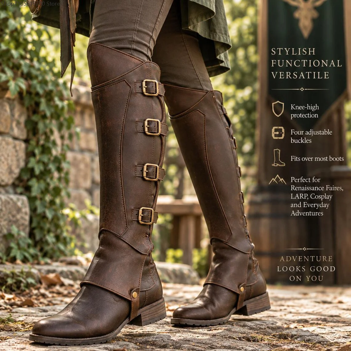 Women Medieval Viking Cosplay Boot Covers Vintage Faux Leather Multi Buckle Knee High Boot Cuffs Renaissance Costume Accessory