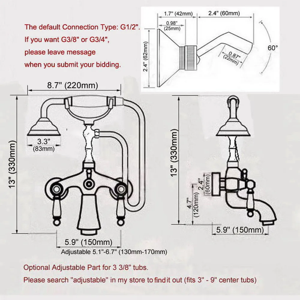 Chrome Brass Double Handle Wall Mounted Bathroom Tub Faucet Set with 150CM Hand Held Shower Spray Mixer Tap 2na751