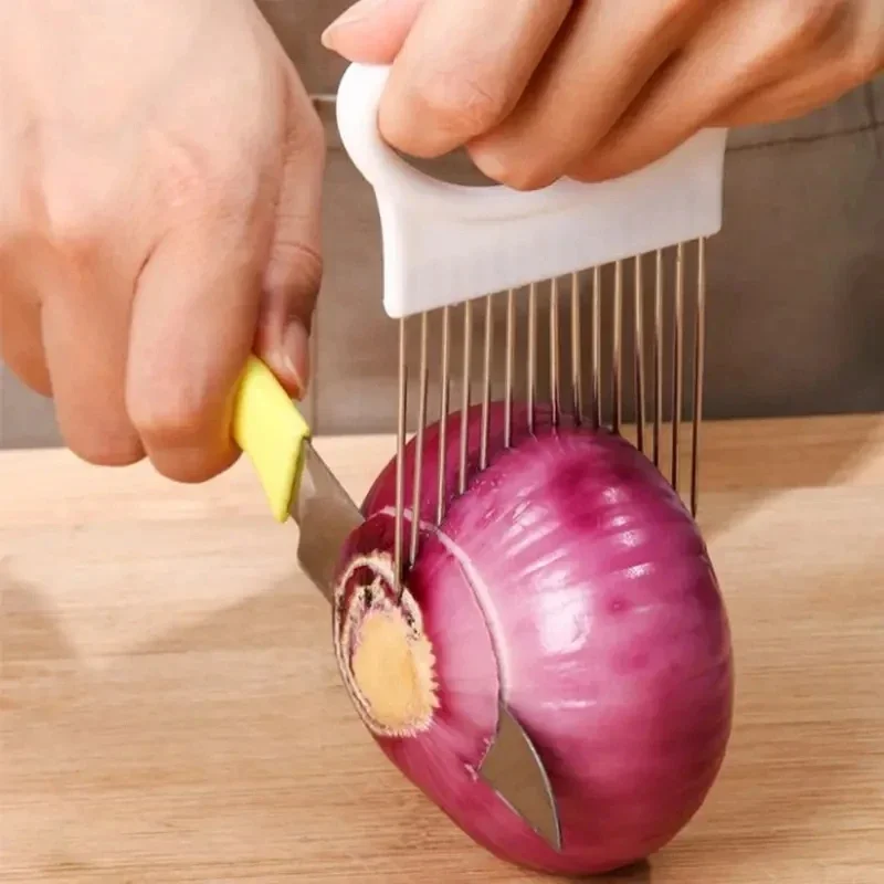 Soporte cortador de cebolla de acero inoxidable, rebanadores de alimentos, asistente, rebanador de cebolla y tomate, tenedor de corte de verduras, utensilios de cocina