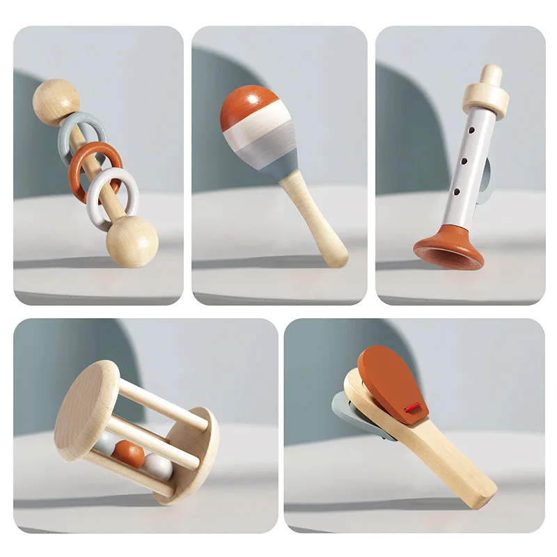 Wooden Hand Held Bells Shaking Bell Musical Instrument Soothing Toy Set Listening Concentration Training Class Game Sensory Toys