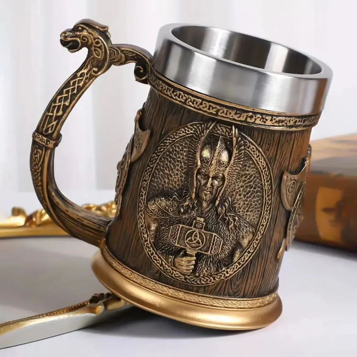 

3D Viking Coffee Beer Cup, Personalized Original Stainless Steel Cup Warrior Beer Stans Medieval Tree of Life Mark Viking Cup