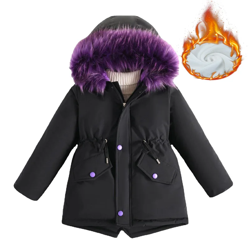 

-20 °Girls Thicken Coats Children Warm Fur Collar Hooded Jackets Teen Plus Velvet Outerwear Winter Kids Padded Windproof Parkas
