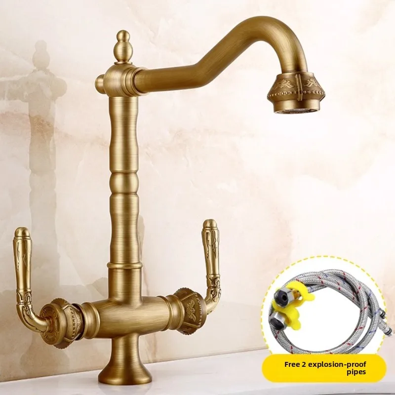 

Basin Faucets Solid Brass Vintage Antique Bathroom Faucet Single Handle 360 Degree Swivel Spout Hot Cold Water Basin Mixer Tap