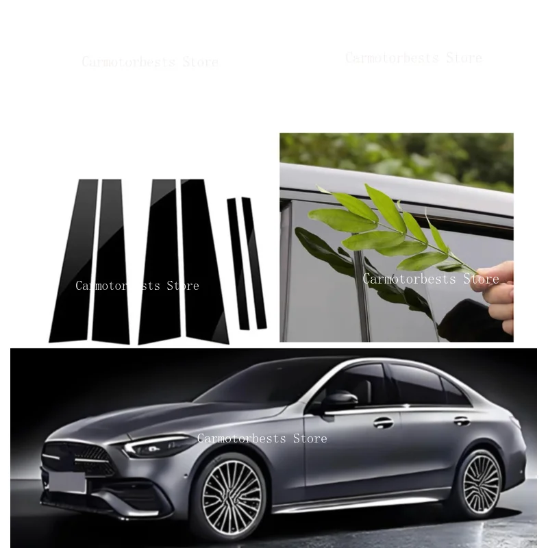 6PCS Glossy Black Window B C Pillar Posts Sticker Fit For Mercedes Benz C-Class W206 2022-2025Door Column B C Sticker Cover Trim