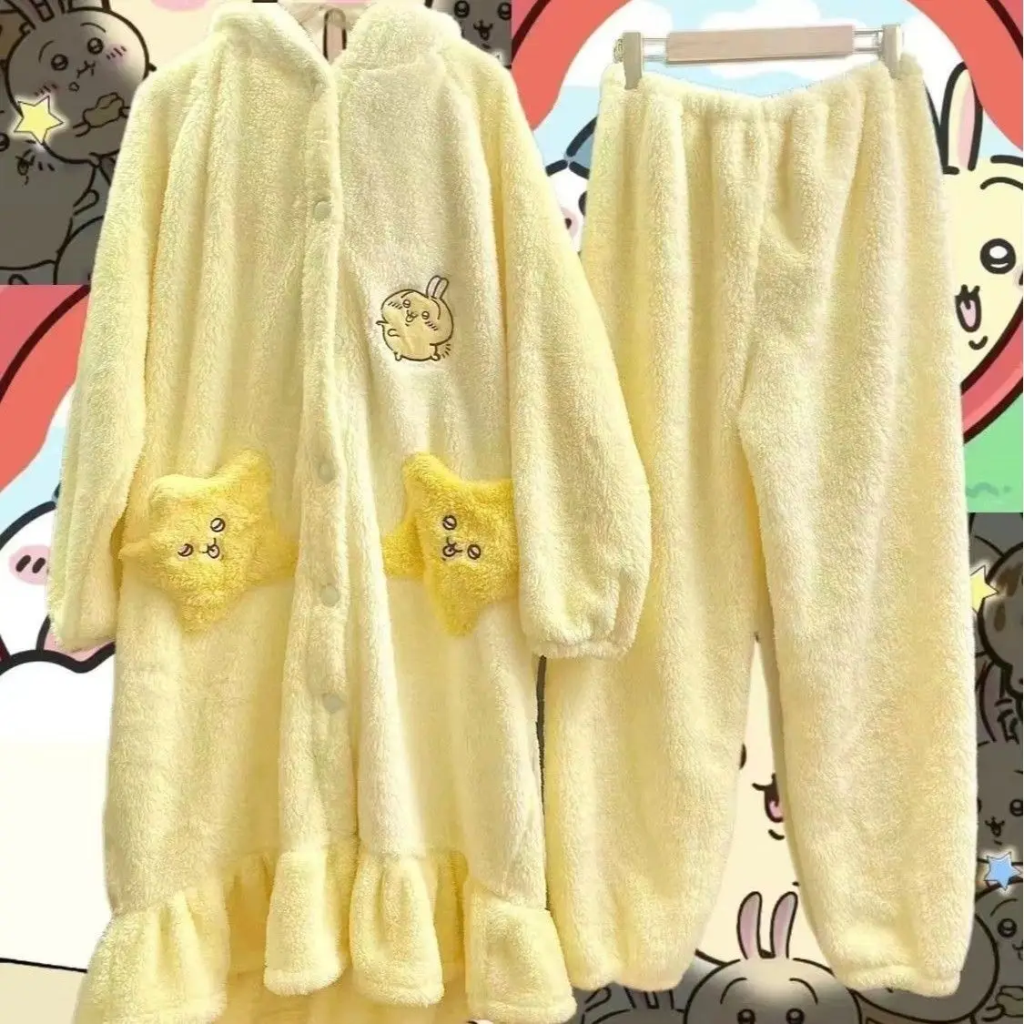 Anime Chiikawa Usagi Women Plush Pajama Set Yellow Long Robe Pants Flannel Kawaii Winter Coral Fleece Cute Loungewear Sleepwear