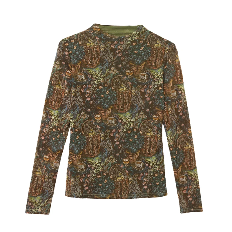 Y2K Top da donna alla moda con collo alto stampato a maniche lunghe in rete ad alta elasticità autunno inverno