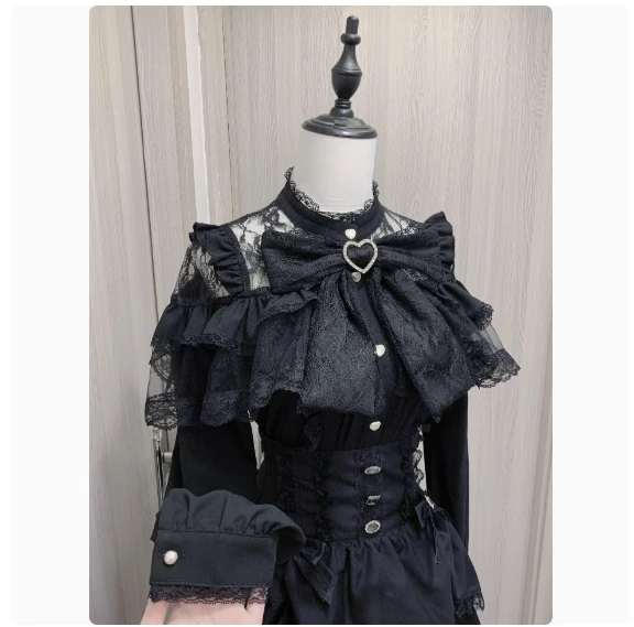 Japanese Mine Series Mass Production Shirt Women's Lace Splicing Bow Off -Shoulder Black Long Sleeve Lolita Blouses Top Skirts