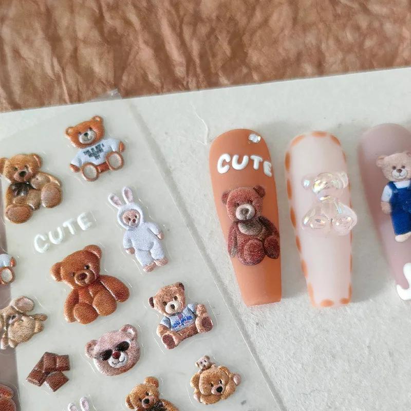 1Pcs Cartoon Hug Bear Nail Stickers High Quality 3D Engraved Nail Art Decorations Decals Kawaii Design Nails Design Accessories﻿