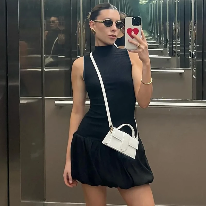 Sexy Women French style temperament Solid Color Round Neck Sleeveless Slim Fit Patchwork Hollow Pleated Bubble Hem Backless Dres