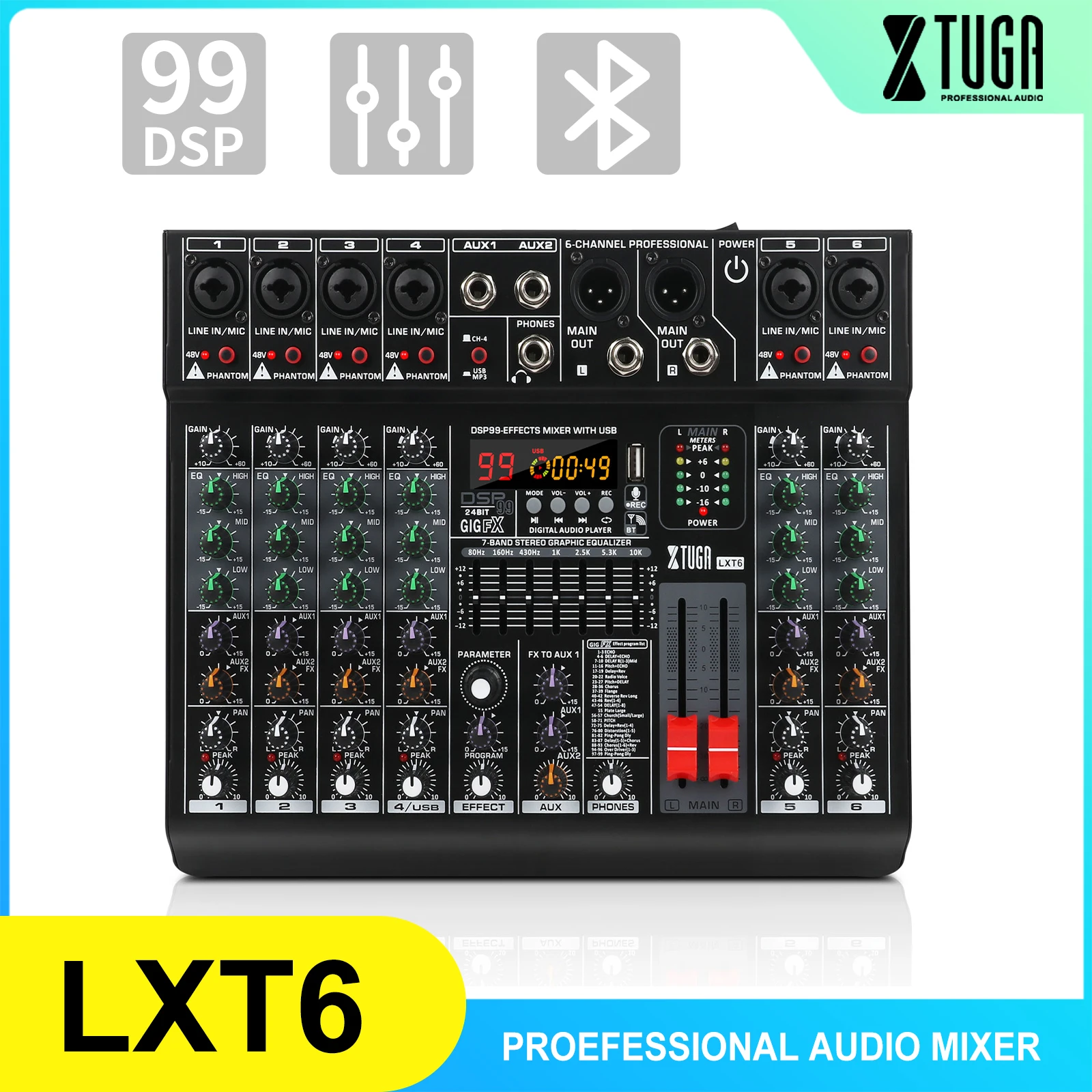 

XTUGA Professional Sound Audio Mixer 6/8 Channel 48V 2 AUX Mixing Console 99 Digital Effect USB Recording Bluetooth Dj Mix Table