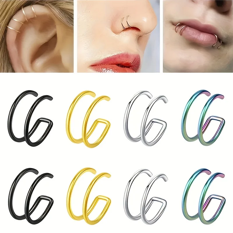 2/8pcs Simple Fashion Stainless Steel Punk Rock Ear Clip Cuff Wrap Earrings Non-Piercing Clip-on Cartilage Wrap Fake Earrings