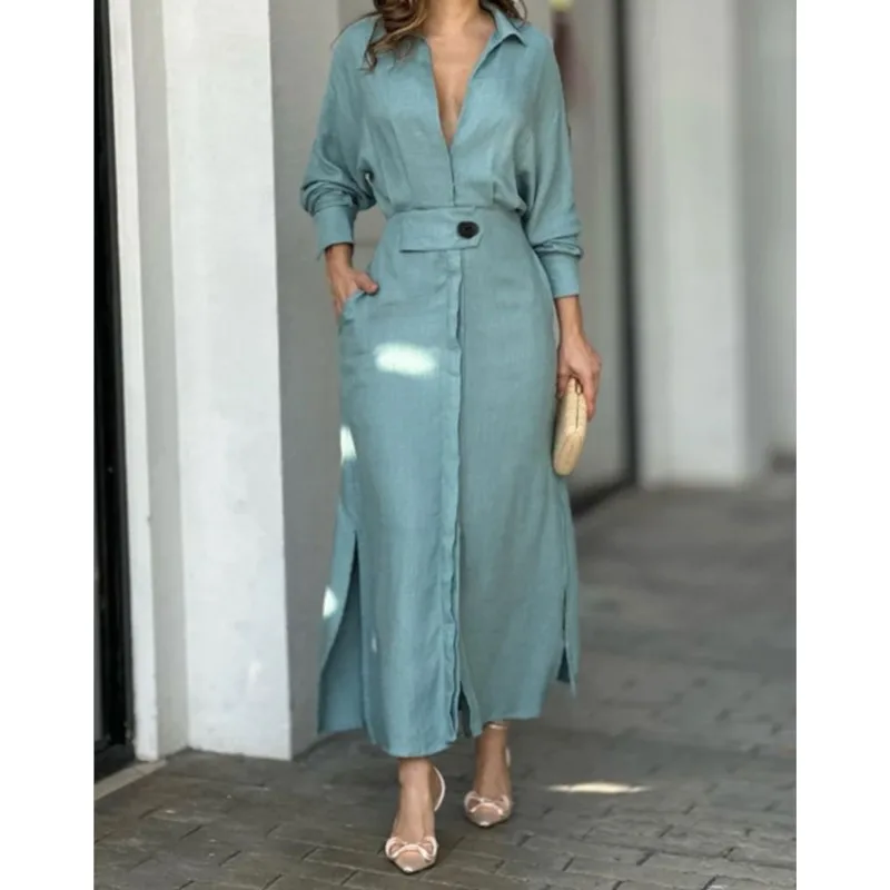 Spring Fall Elegant Women Dress Plus Size White Casual V Neck Lapel Long Sleeve Shirt Maxi Dresses Female Pocket Party Long Robe