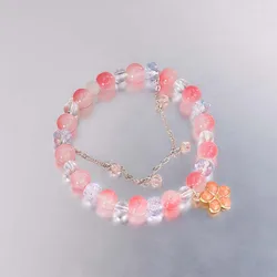 Sweet Pink Color Peach Blossom Beaded Bracelet for Women Fashion Ins Flower Tassel Chain Bangle Niche Exquisite Jewelry Gifts