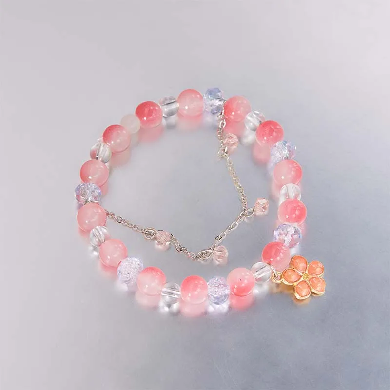 Sweet Pink Color Peach Blossom Beaded Bracelet for Women Fashion Ins Flower Tassel Chain Bangle Niche Exquisite Jewelry Gifts