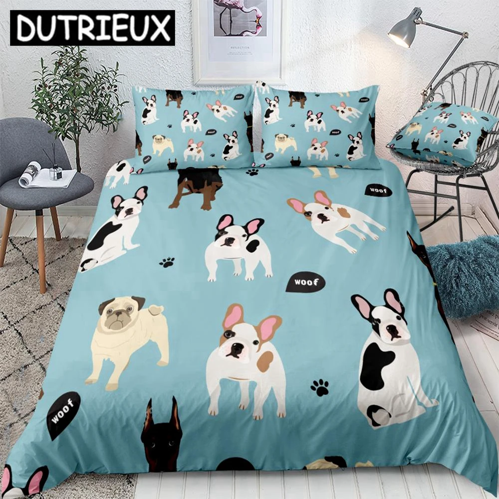 

Dogs Duvet Cover Set Doberman French Bulldog Pug Quilt Cover Animal Queen Home Textiles Pet 3pcs Kids Teen Bed Set Blue Dropship