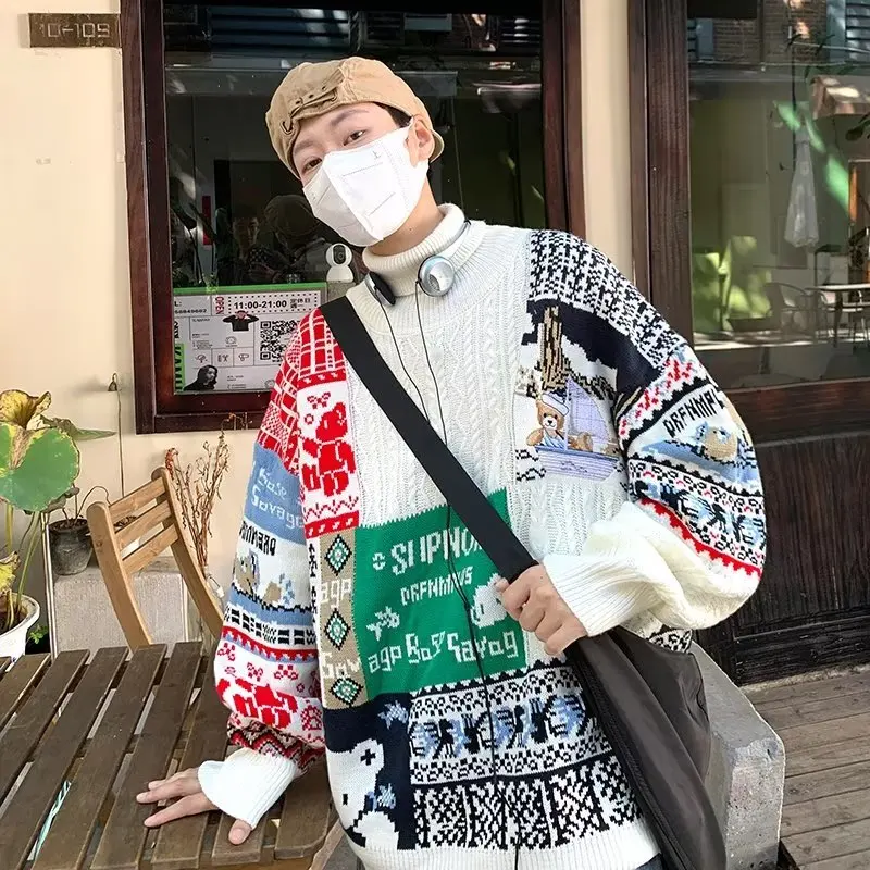 

High Collar Men's Knitted Sweater Comfortable Warm Geometric Splicing Spring Autumn Faionable Casual Long Sve Top