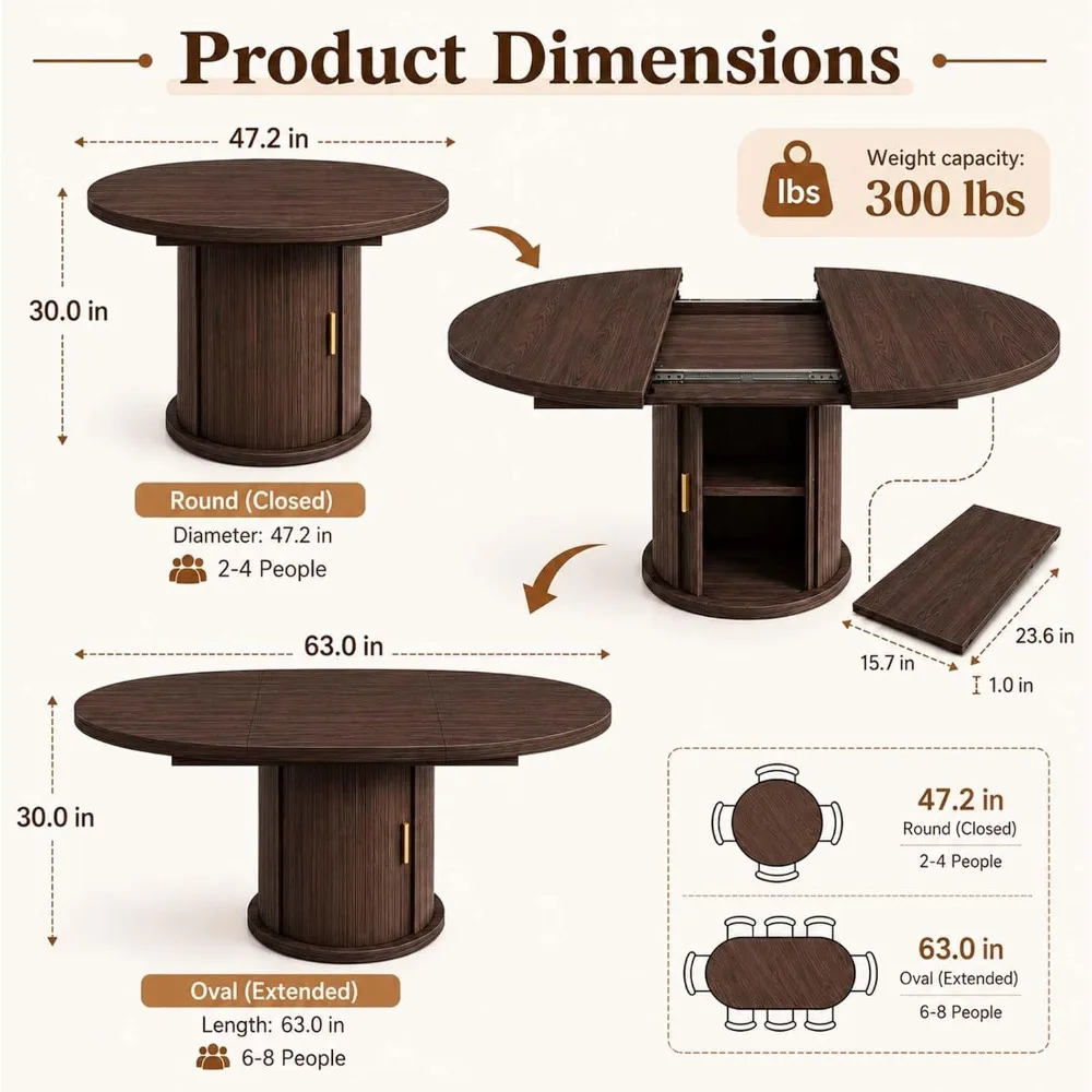 47 x 63 in Wooden Extendable Round Conference Table for 4-6-8 People, Meeting Room Table