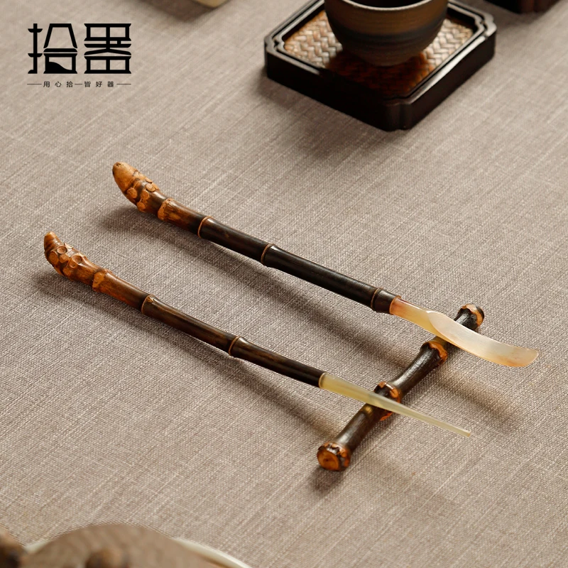 Purple bamboo root horn head bamboo hairpin tea pull tea needle teaspoon bamboo tea stand three-piece set through tea teapot spo