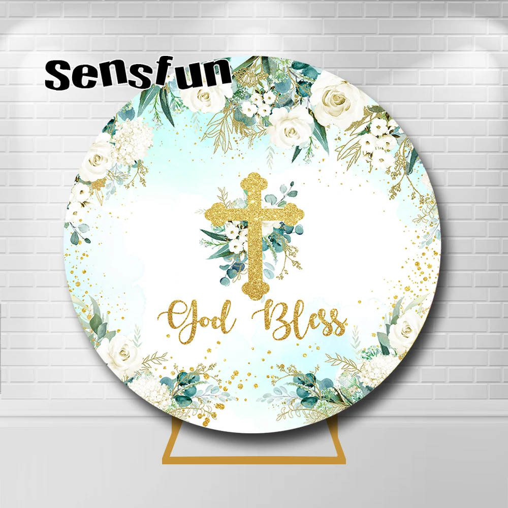 

Ivory Flowers God Bless Girls Baptism First Holy Communion Round Backdrop Cover Mi Primera Communion Circle Backdrop Elastic