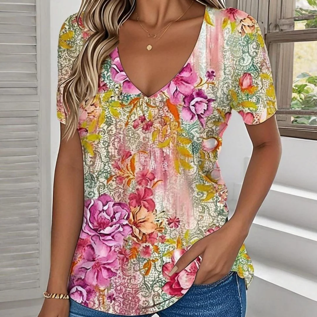 

Flower Ladies V-Neck T-Shirt Summer Outdoor Fashion Short Sleeve Casual Tops 3D Floral Patterns OverSize Women's Clothing