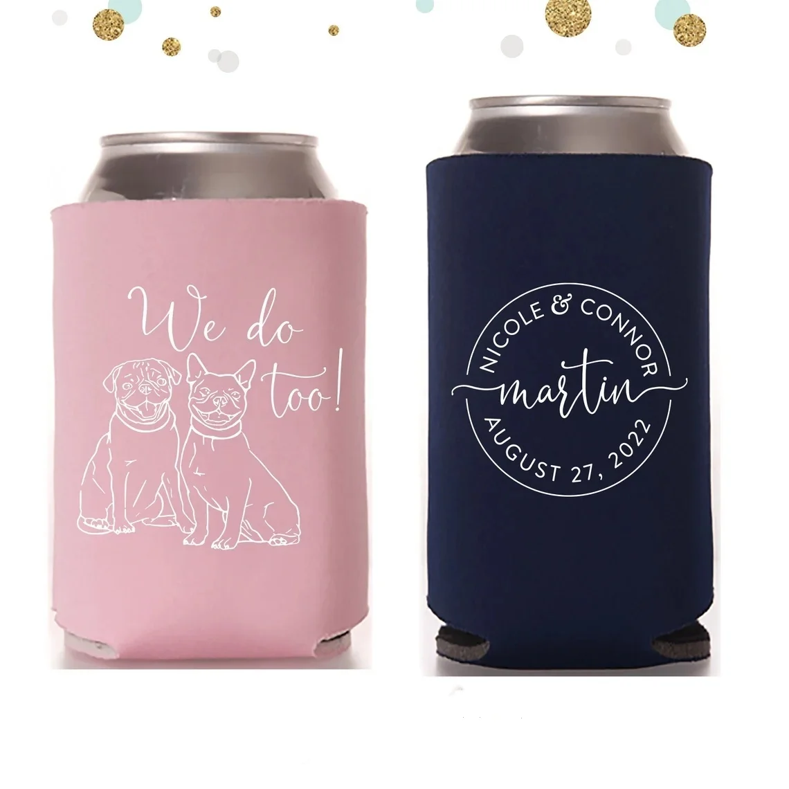 Regular & Slim Can Cooler Wedding Package #190RS - Custom Pet Illustration - Monogram - Wedding Favor Package, Wedding Favors, C