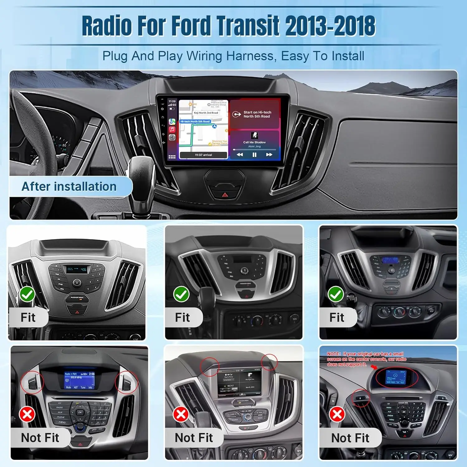 9" Android 15 Car Radio Stereo Carplay For Ford Transit 2015 -2019 Auto Multimedia Player GPS Navigation Touch Screen WiFi 2Din