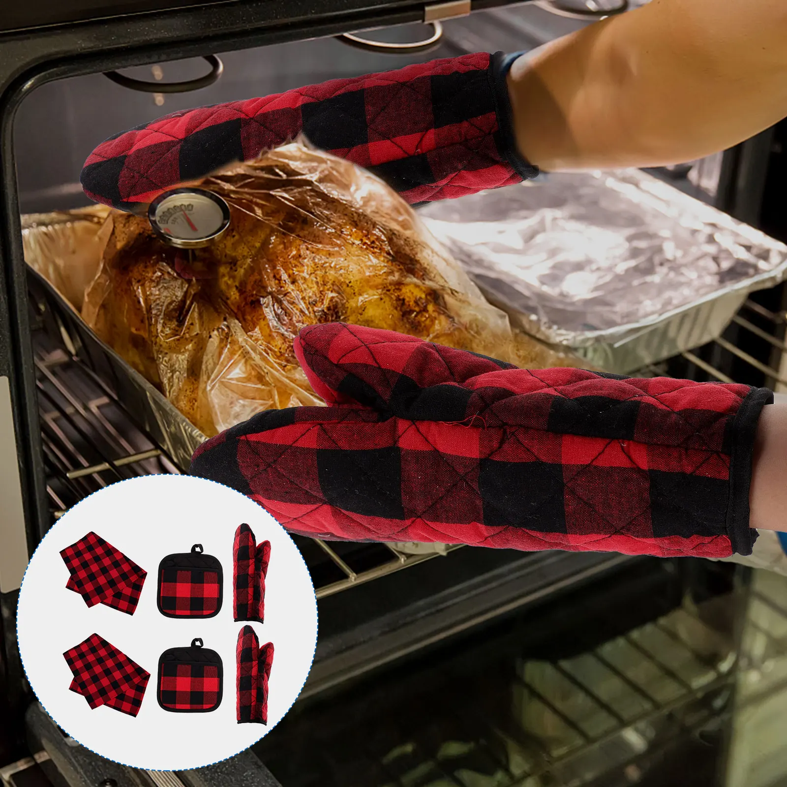 

1 set Heat Resistant Oven Mitts Microwave Gloves Kitchen Supplies Non-Slip Baking Pads Heat Insulation Mats Anti-Scalding Gloves