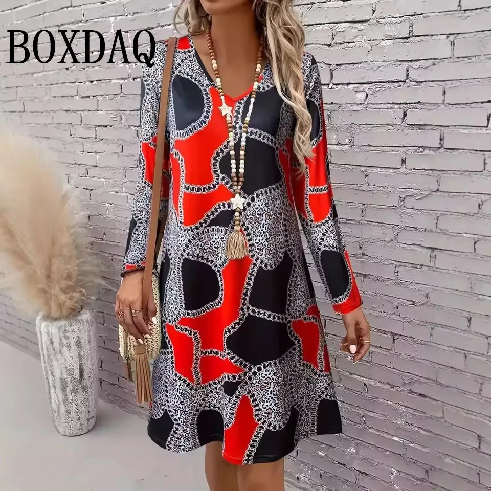 2025 Autumn Women Long Sleeves Party Dress Female V-Neck Boho Flower Print Loose A-Line Dress Ladies Elegant Short Mini Dresses