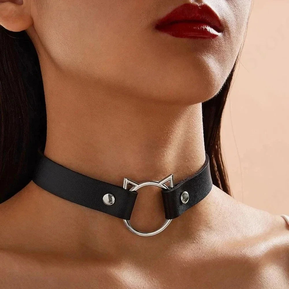 Trendy Sexy Women Leather Necklace Goth Clothing Neck Bondage Cat Shaped Necklace Harajuku Choker Fetish Rave Outfit Accessorie