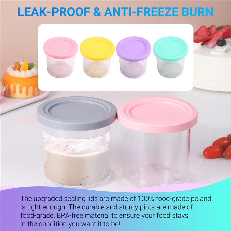 

A70P 4PCS Ice Creami Pints & Lids For Ninja Creami NC300 NC301 NC299AMZ Pints 16OZ Cups Ice Cream Maker Dishwasher Safe