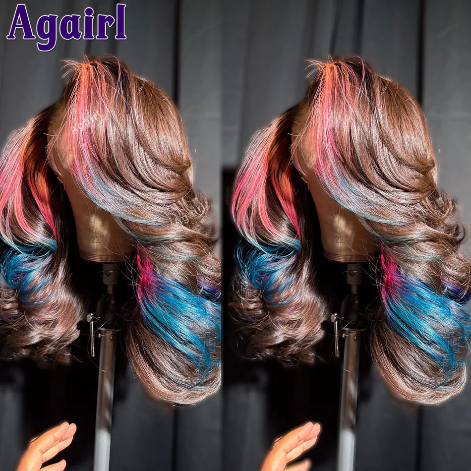Highlight Ombre Pink Blue Brown Wig 13x6 Lace Frontal Human Hair Wigs 13x4 Body Wave Lace Front Wigs 200% 6X4 Lace Closure Wig