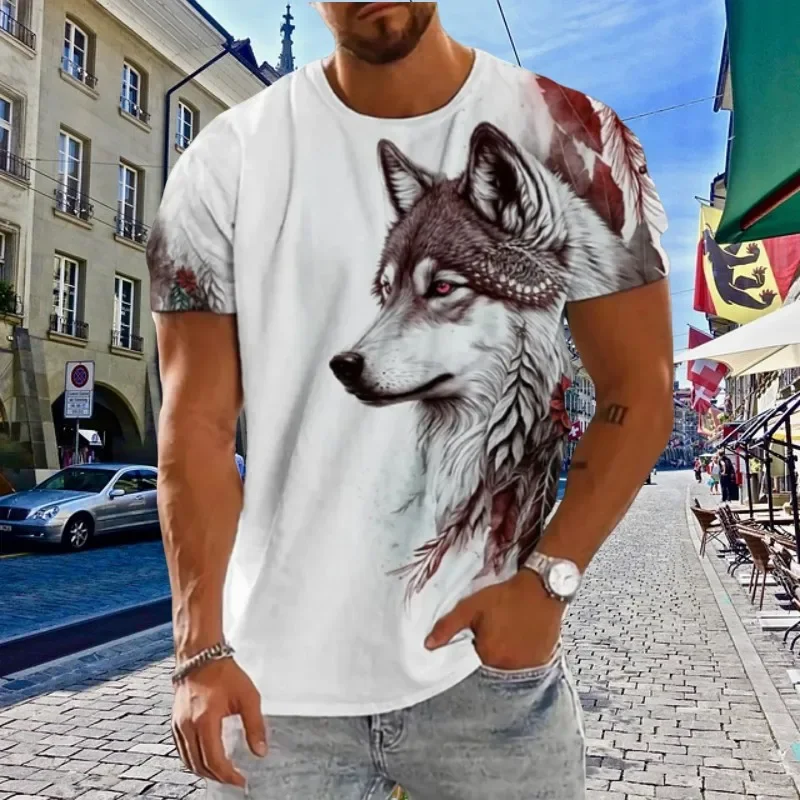 Animal Wolf Totem summer men's high quality T-shirt street trend tough man style o collar loose short sleeve fashion casual top