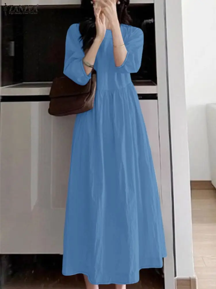 ZANZEA Casual Women Maxi Dresses Square Neck 3/4 Sleeve Gathered Waist Solid Color Loose Long Dress Fall 2025 Woman Clothes 3XL