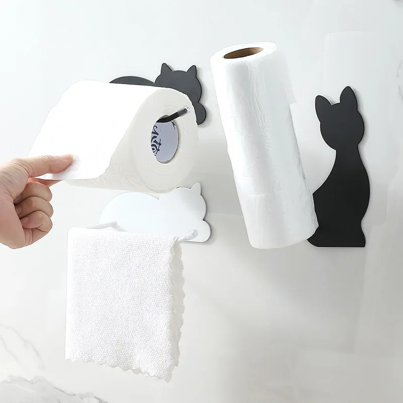 Bathroom Cat shaped non perforated kitchen tissue paper holder cloth holder cling film wall mounted multi-purpose storage rack