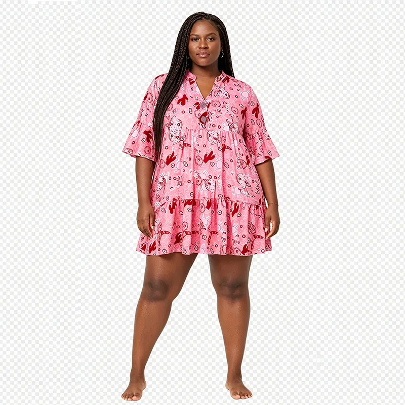 Plus-Size Printed Buttoned Ruffle Loose Dress Multi-Layered Bohemian Style Cinched Waist Beach Knee-Length Women's Dress view 5