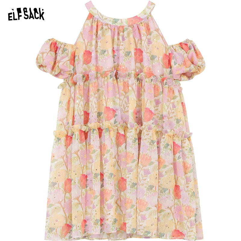 ELFSACK 2024 Summer New Hanging Neck Off Shoulder Fragmented Flower Dress Women's Style Holiday Princess Dress