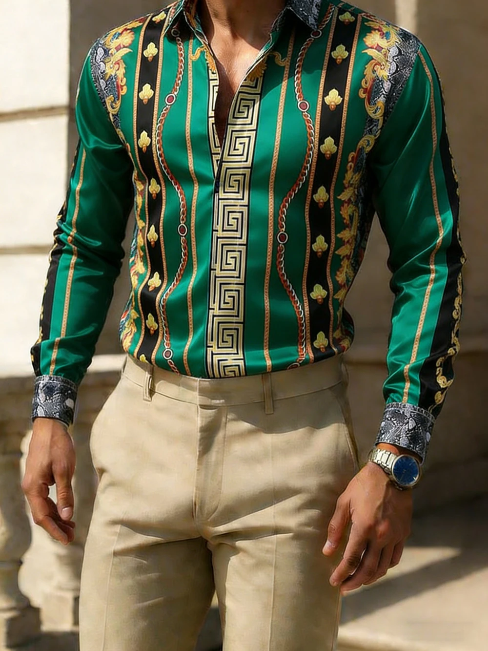 

2026 Men's Stretch Fabric Long Sleeve Shirt HD Colorful Gold Chain 3D Printed Shirt Hawaii Beach Vacation Wedding Men's Clothes