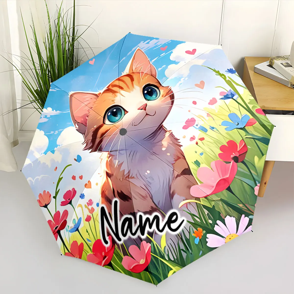 Custom Name Umbrella Colorful Cat Umbrella Brightens Rainy Days Print 8 Iron Ribs Folding Umbrella Auto-Open Fashion Sunshade