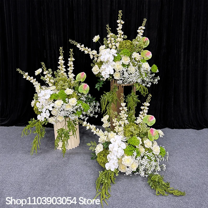 Neues 5D Hochzeits-Blumenarrangement mit grünen Pflanzen, Delphinium, Rosen, Bodenblumen, Hintergrund, Blumenreihe, Tischdekoration, Kugeldekoration für Events und Partys – Detail 1